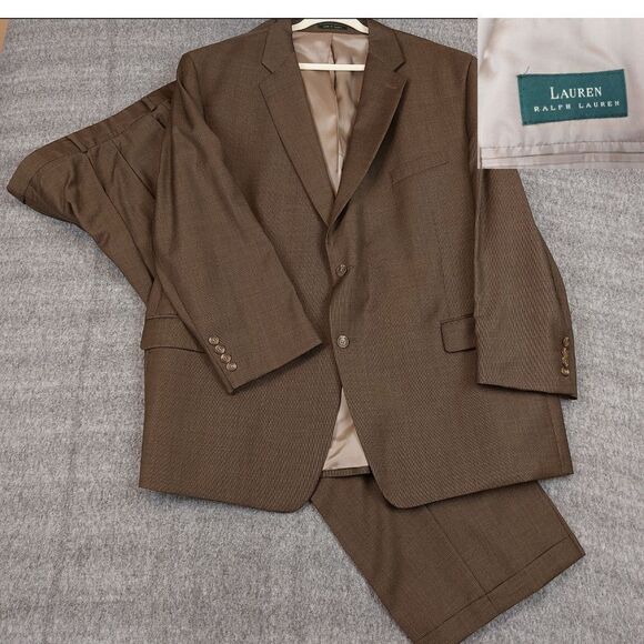 Lauren Ralph Lauren 2 Piece Suit Mens 52R Pants 50x28.5 Wool Cashmere Brown - Picture 1 of 12